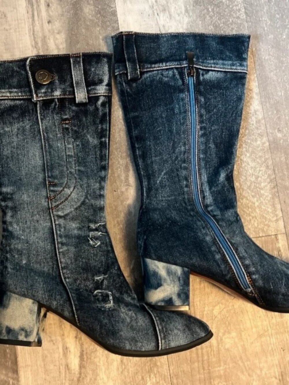 Denim pointed toe heeled boots size 8 fits small – very good condition